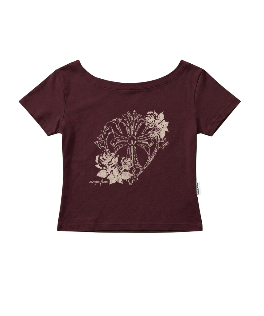 이스케이프프롬 로즈 크로스 프린트 보트넥 슬림핏 반팔티 화이트(Escapefrom Rose Cross Print Boat Neck Slim Fit T-Shirt White) - 5