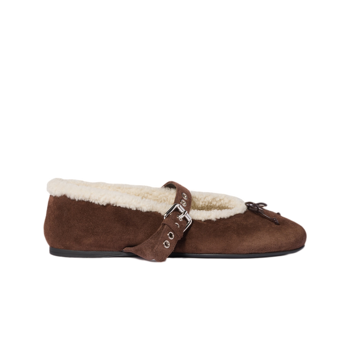 5F764E-Z0G-F0003 (W) Miu Miu Suede and Shearling Ballerinas Dark Brown