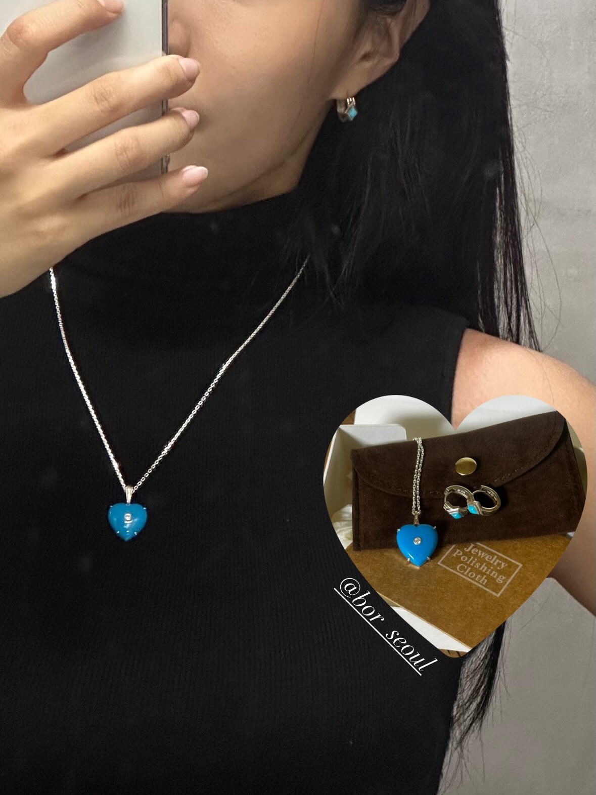 Bőr Heart Turquoise Point Necklace L, Bőr Rhombus Earrings Turquoise 착용 스타일