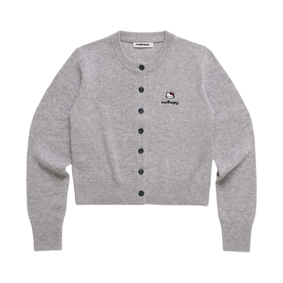 (W) 매드해피 x 헬로 키티 하트 크루넥 가디건 헤더 그레이((W) Madhappy x Hello Kitty Heart Crewneck Cardigan Heather Gray)