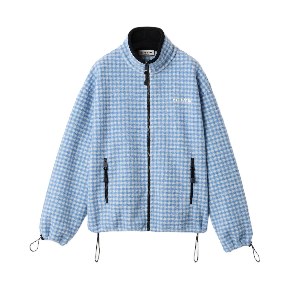 (W) 미우 미우 깅엄 체크 플리스 자켓 화이트 라이트 블루((W) Miu Miu Gingham Check Fleece Jacket White Light Blue)