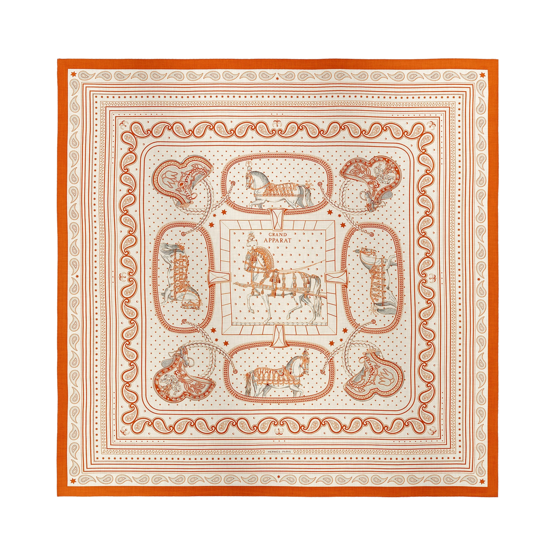 H244394S04 (W) Hermes Grand Apparat Bandana Shawl 140 Cashmere Silk & Orange Cuit Blanc Gris
