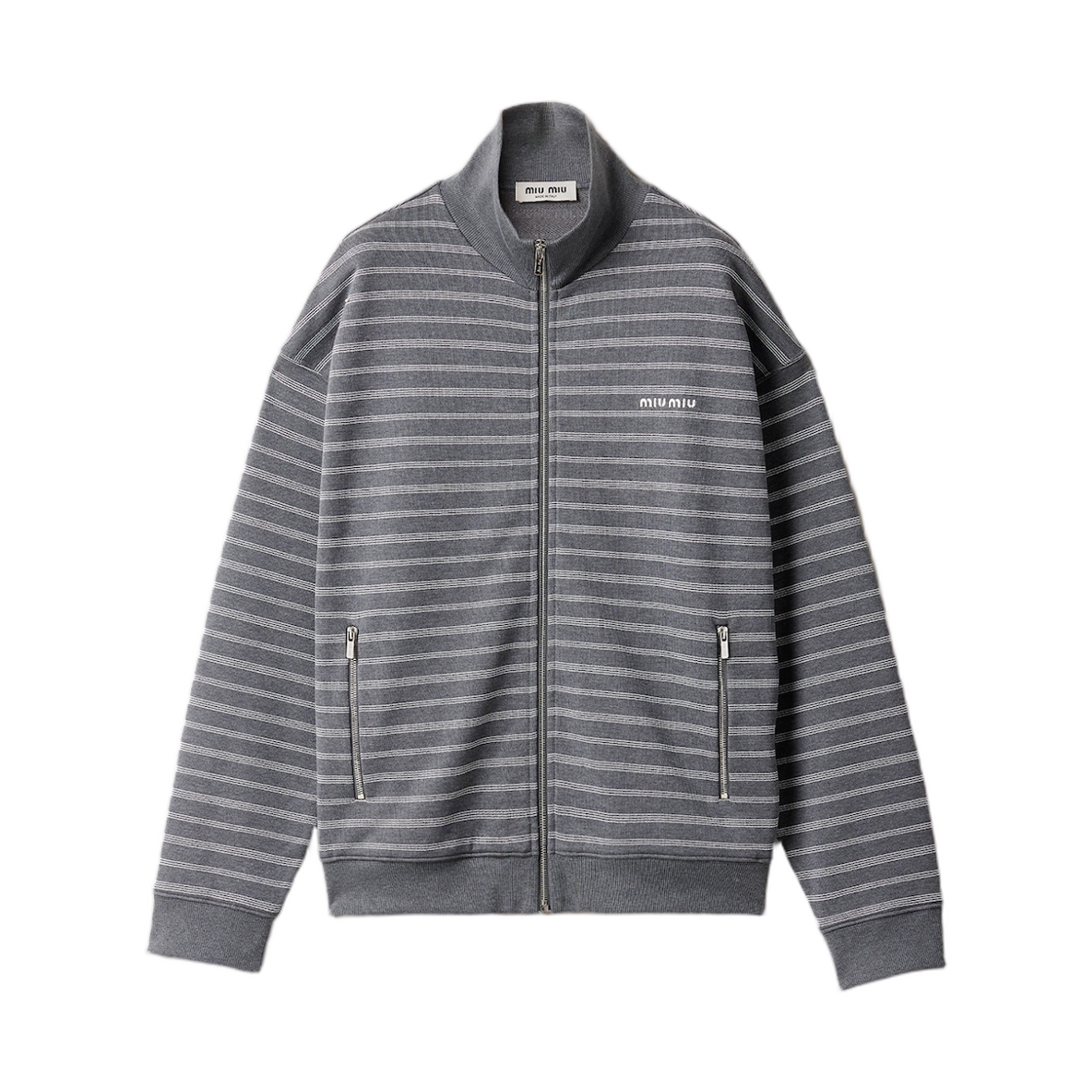 (W) 미우 미우 스트라이프 코튼 플리스 자켓 그레이 화이트((W) Miu Miu Striped Cotton Fleece Jacket Gray White)