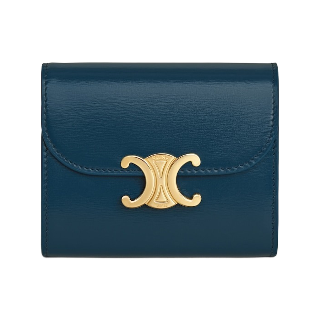 10D783DPV-07HJ Celine Small Flap Wallet Triomphe in Shiny Calfskin Teal Blue