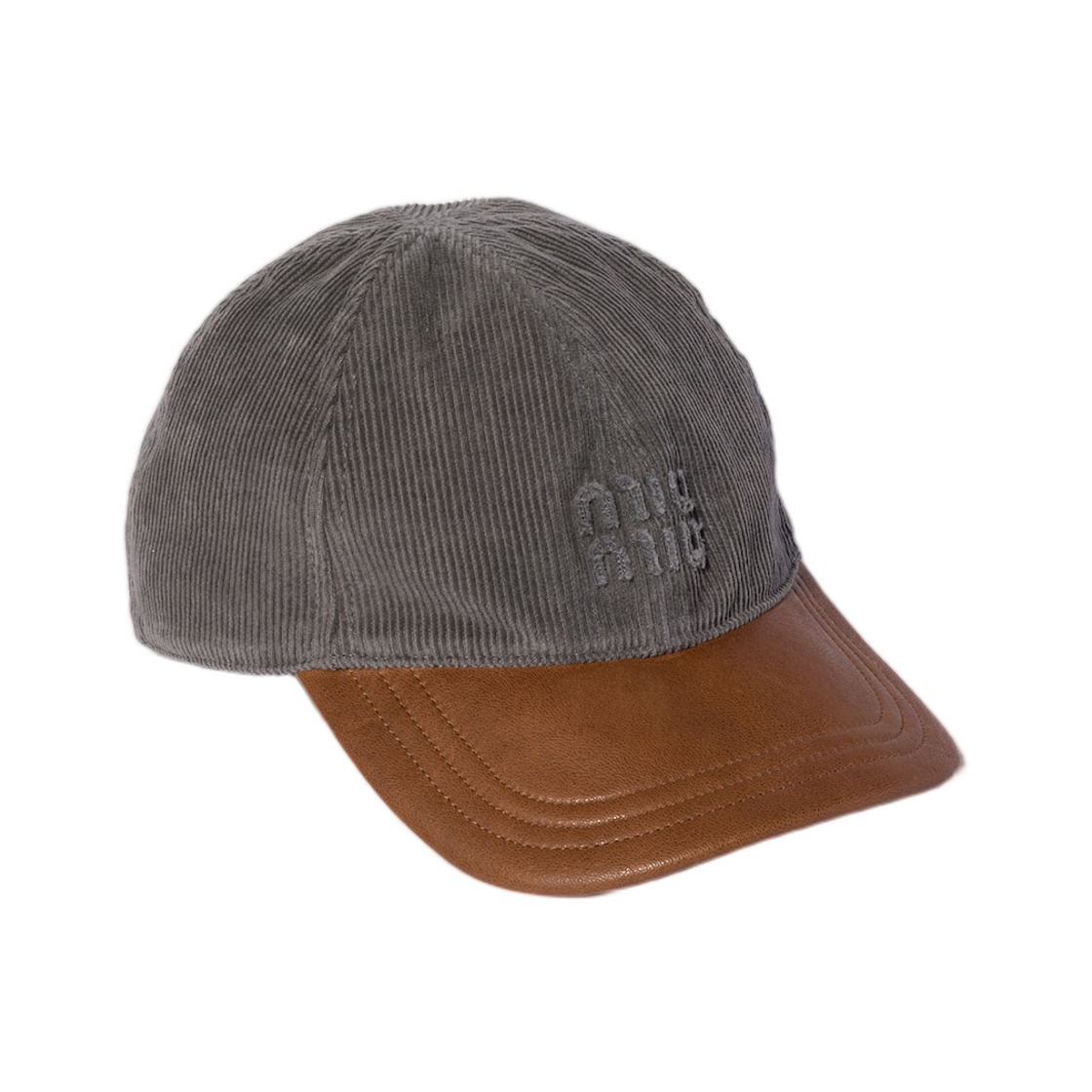 5HC370-2G9Z-F0CGT Miu Miu Corduroy and Leather Baseball Cap Smoke Oak