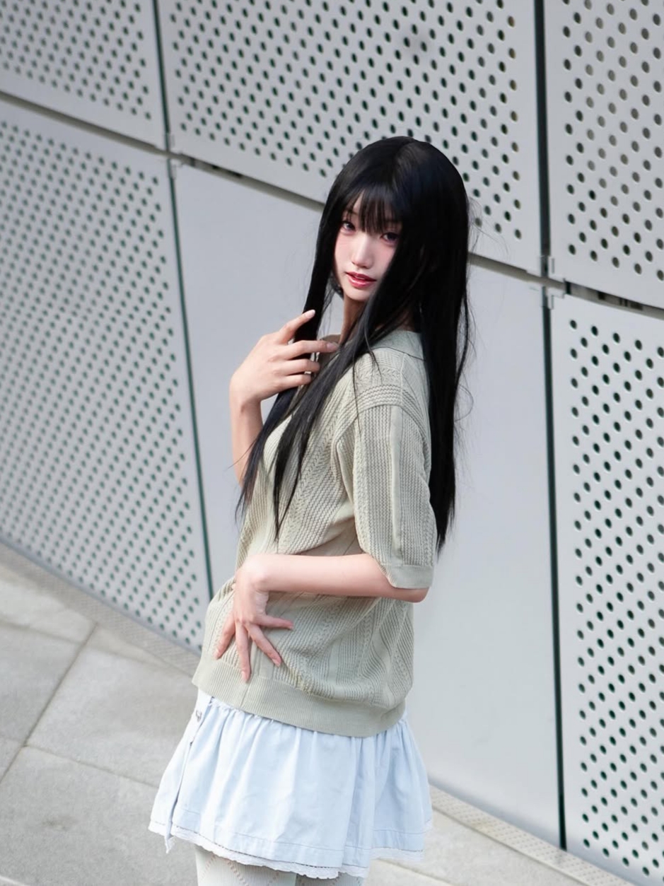 Knitted Linen Skashi Collar Half Knit OLIVE, Knitted Linen Skashi Collar Half Knit LINEN 착용 스타일 - 1