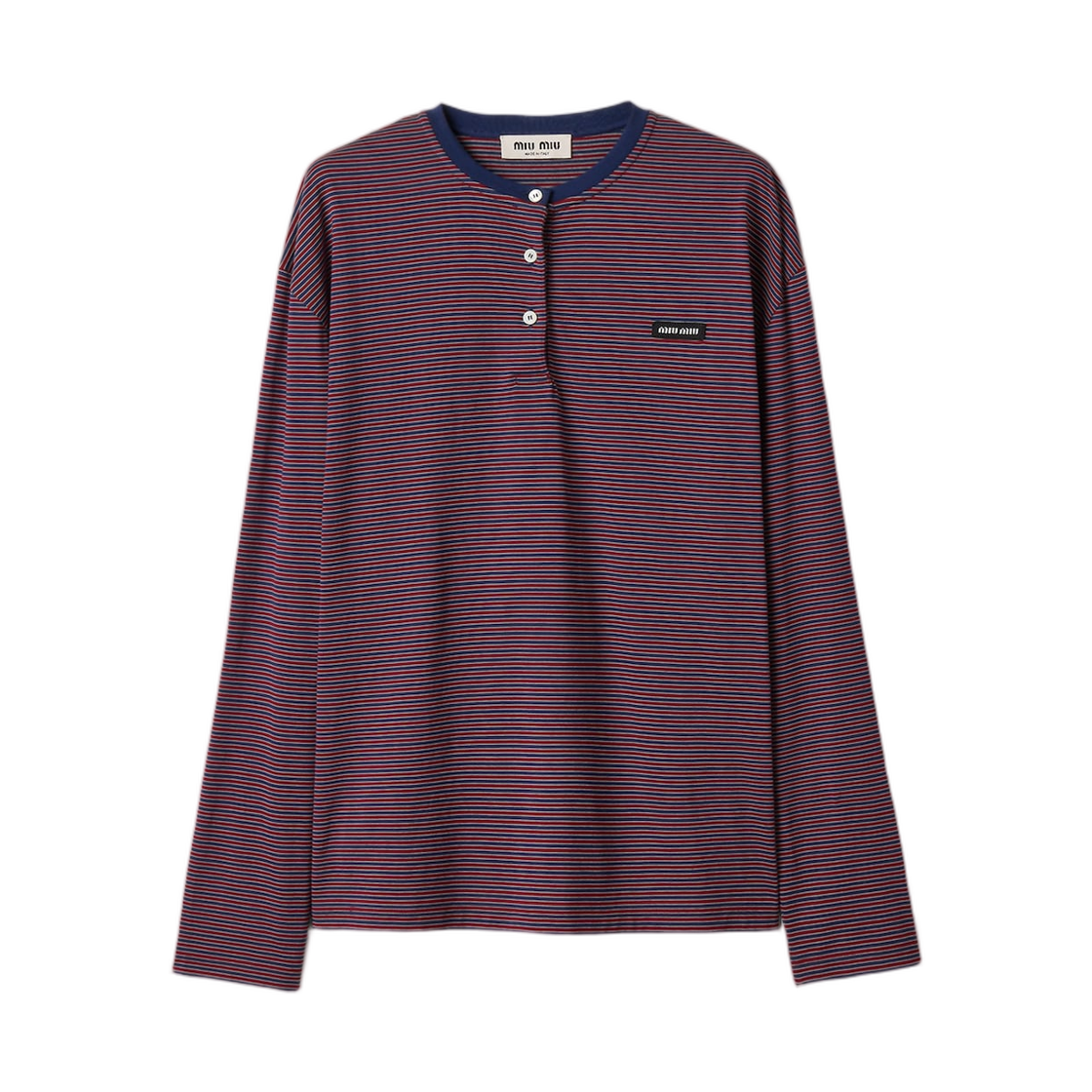 (W) 미우 미우 스트라이프 저지 티셔츠 네이비 블루 가넷((W) Miu Miu Striped Jersey T-Shirt Navy Blue Garnet)