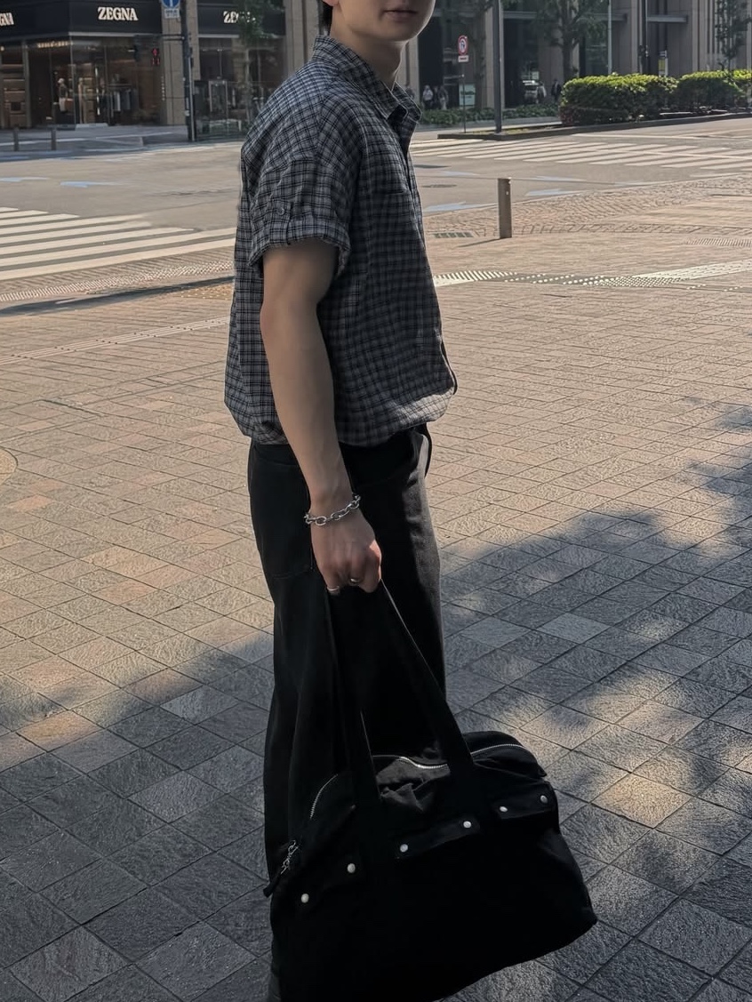Millo Archive Narrow Wrinkle Check Roll-Up Half Shirt Gray, Millo Archive Narrow Wrinkle Check Roll-Up Half Shirt Vintage Pink 착용 스타일 - 2