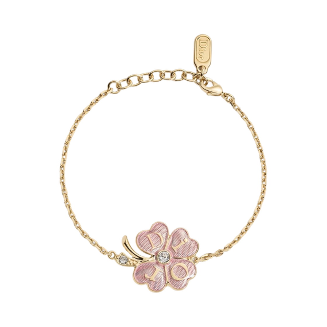 B3532WOMLQ-D216 (W) Dior Floral Clover Bracelet Pale Gold Finish Metal Crystals & Shiny Lacquer Gold Pink