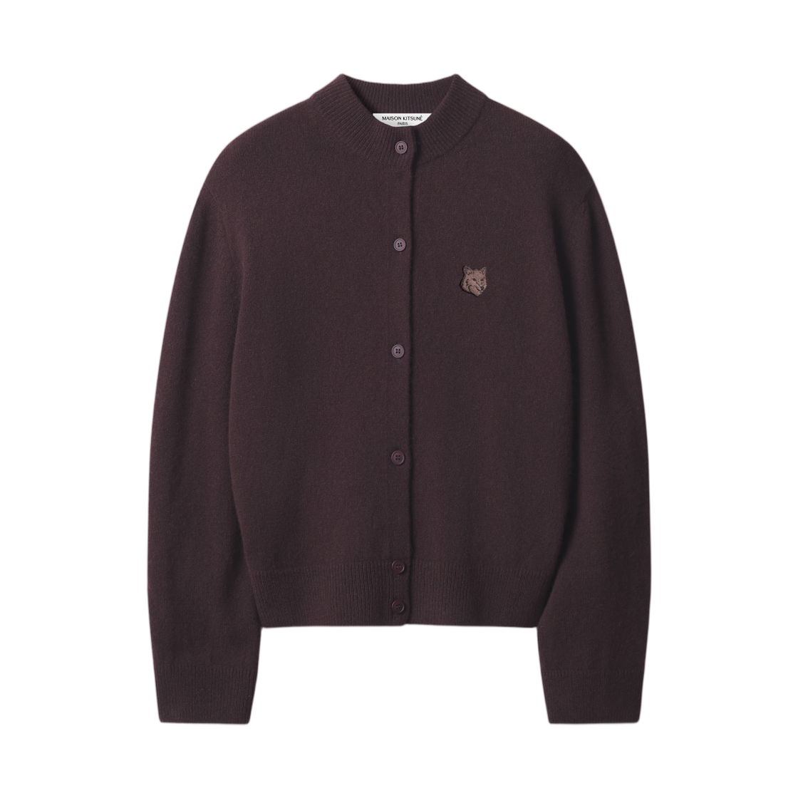 MRWKC01KT1006-0553 (W) Maison Kitsune Fox Head Lambswool High Neck Cardigan Dark Wood