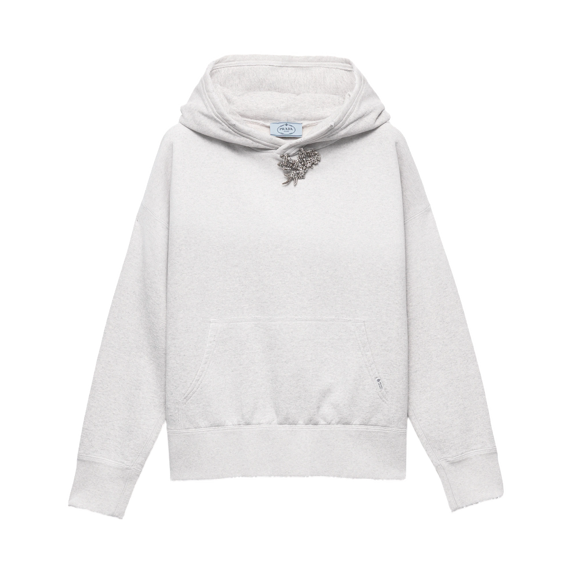 134734-6103-F0AK9 (W) Prada Cotton Fleece Hoodie with Jewel Brooch Marble Gray