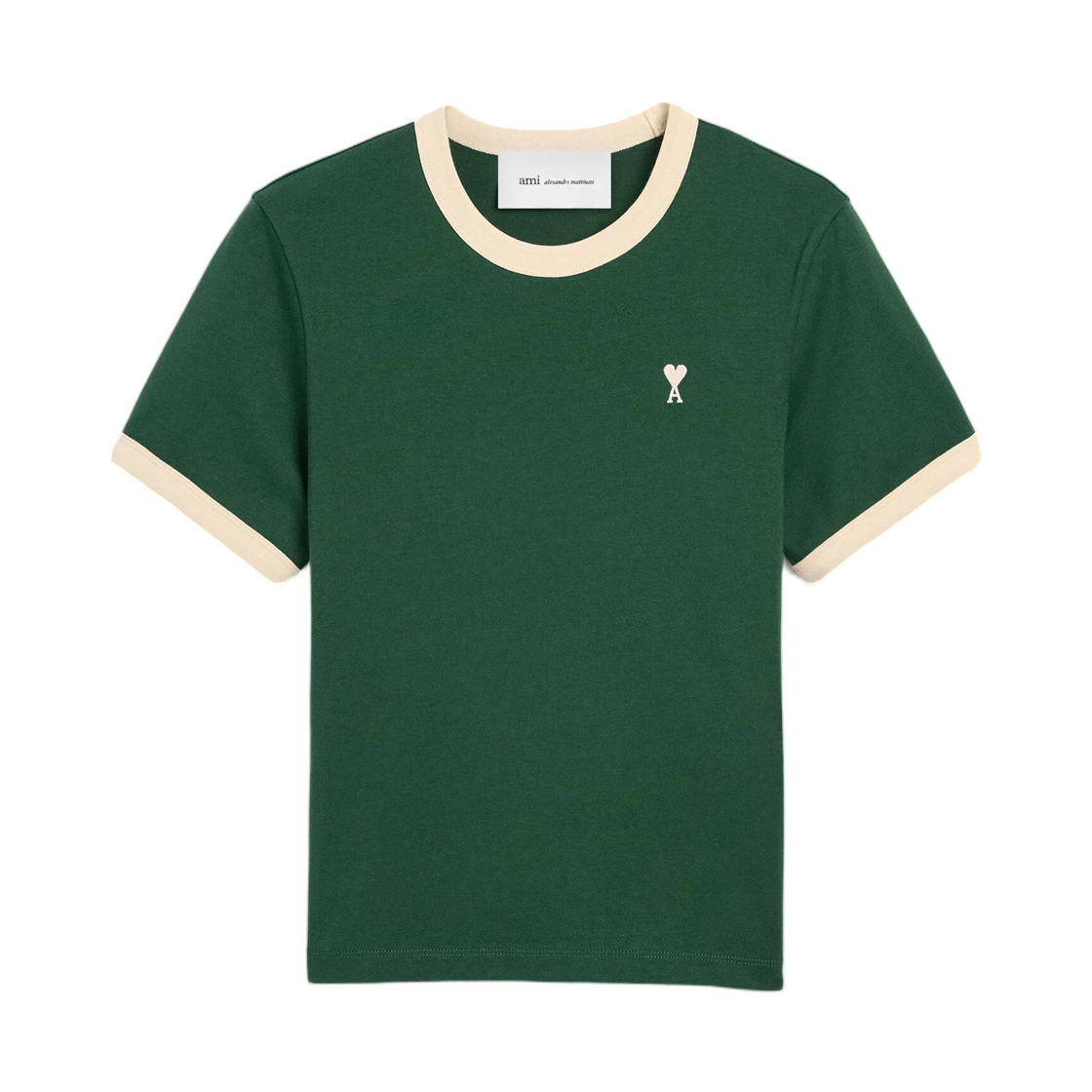 FTS413-JE0246-A244 (W) AMI Green Contrasted Cotton T-Shirt with Ami De Coeur Bottle Green Ivory
