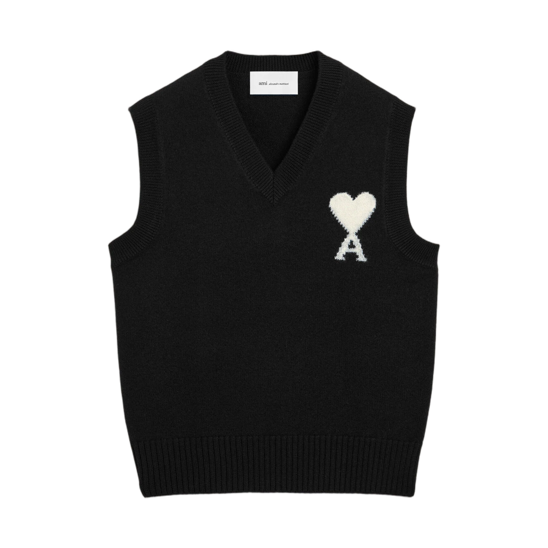UKS902-018-012 AMI Black Sleeveless Wool Sweater with Ami De Coeur Black Off White