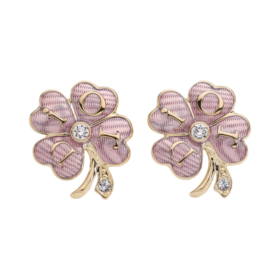 E5048WOMLQ-D216 (W) Dior Floral Clover Stud Earrings Pale Gold Finish Metal Crystals & Shiny Lacquer Pale Gold Pink
