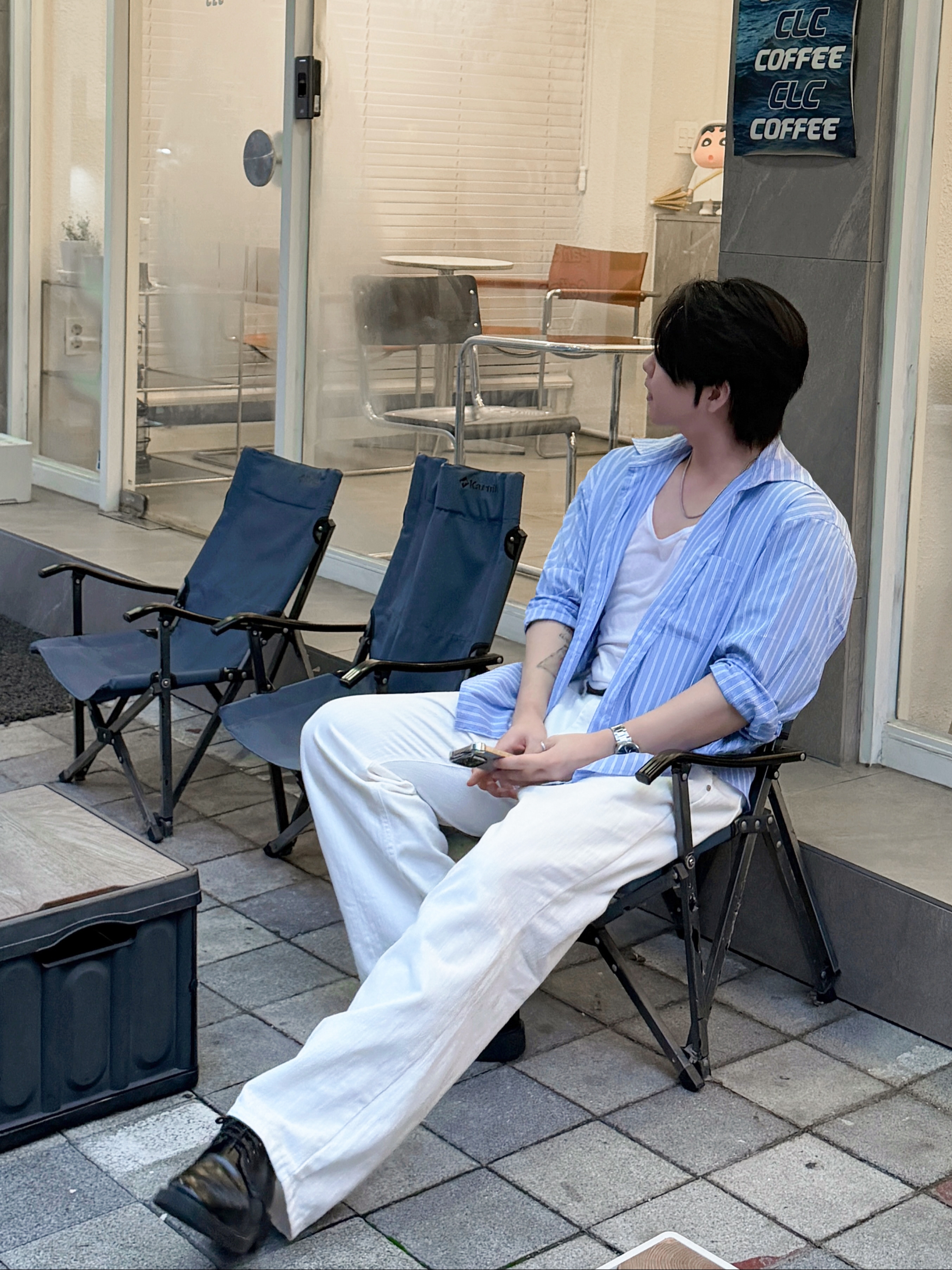 Knitted Stripe Crop Shirts Sky Blue, Knitted Stripe Crop Shirts Blue 착용 스타일 - 2
