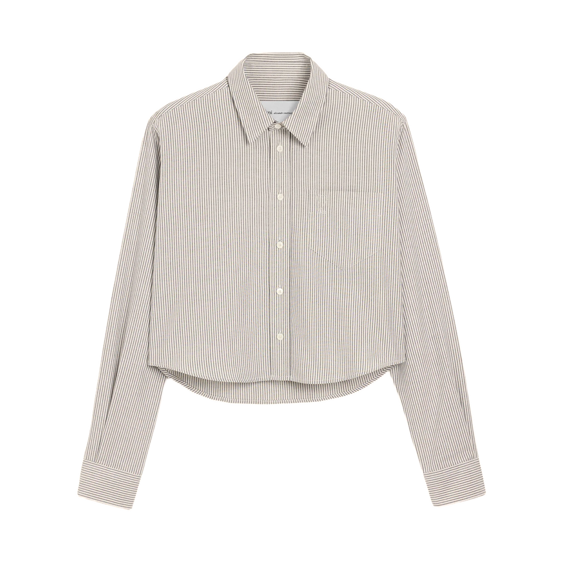 FSH876-CO0087-039 (W) AMI Black Cropped Striped Cotton Shirt with Embossed Ami De Coeur Tone-On-Tone Black Natural White