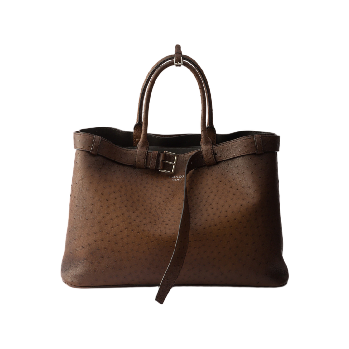 2VG126-2ZPX-F0005 Prada Buckle Ostrich Leather Tote Bag Tobacco