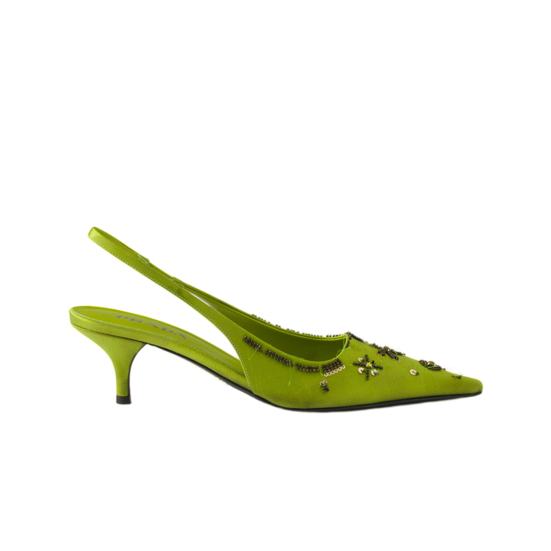 1I639O-A17-F0613 (W) Prada Embroidered Satin Slingback Pumps Fern Green