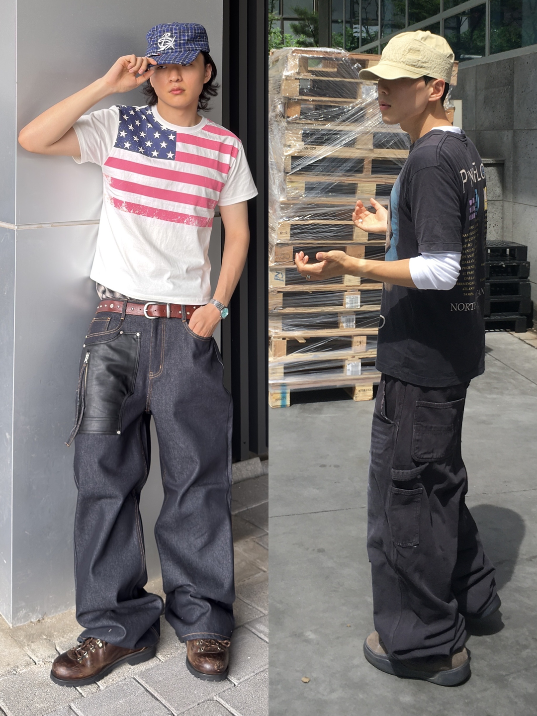 noun Soft Round T-Shirts Blue, noun Washed Cargo Pants Black 착용 스타일 - 2
