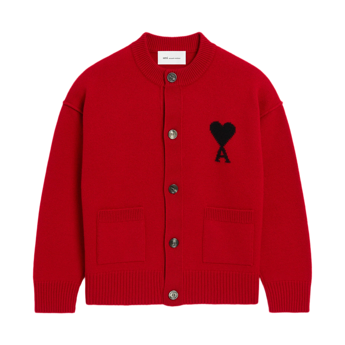 UKC368-018-A252 AMI Red Crewneck Wool Cardigan with Ami De Coeur Ruby Red Black