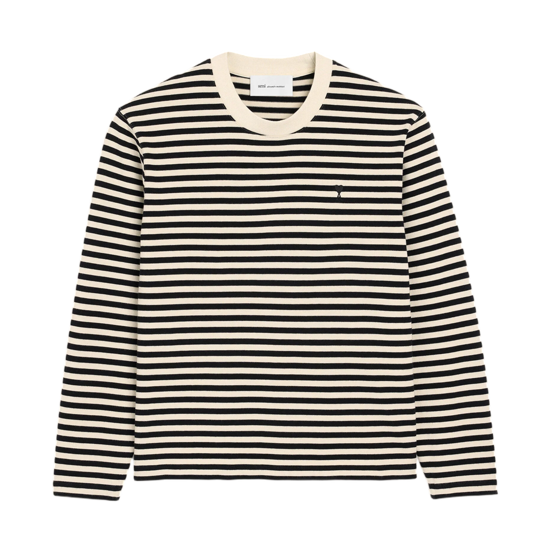 UTS414-JE0241-044 AMI Black and White Mariniere Cotton T-Shirt with Ami De Coeur Black Ivory