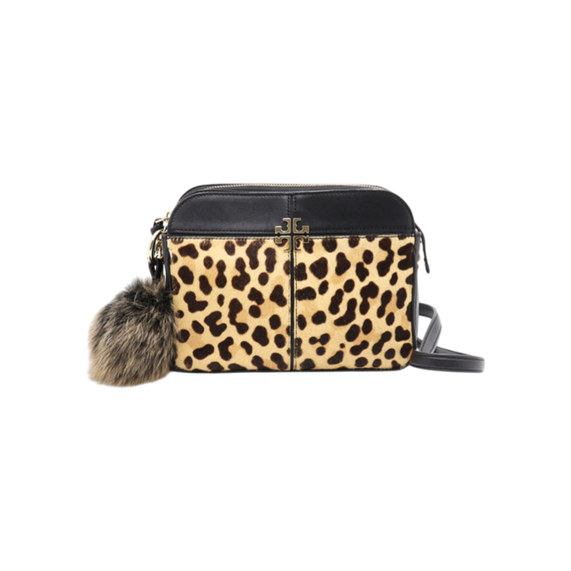 ITN5D9QTWPFQ Tory Burch Amanda Logo Leopard Fur Pom Pom Crossbody Bag AA42845