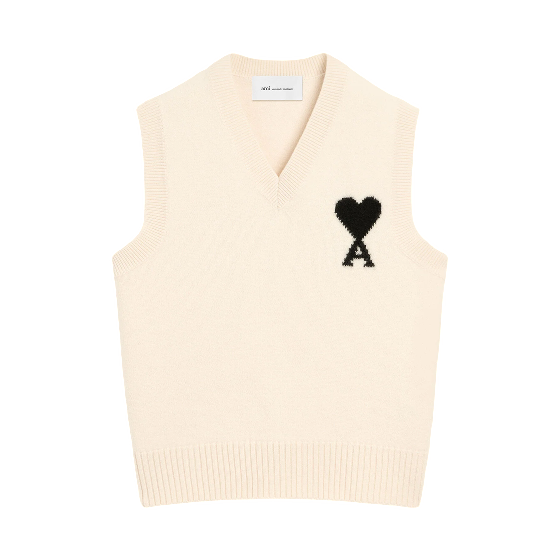 UKS902-018-151 AMI White Sleeveless Wool Sweater with Ami De Coeur Off White Black