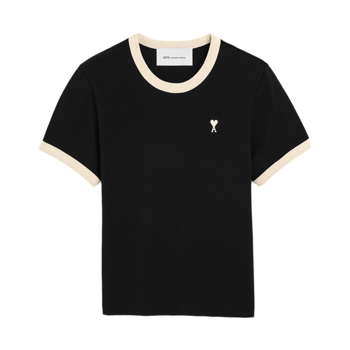 FTS413-JE0246-044 (W) AMI Black Contrasted Cotton T-Shirt with Ami De Coeur Black Ivory