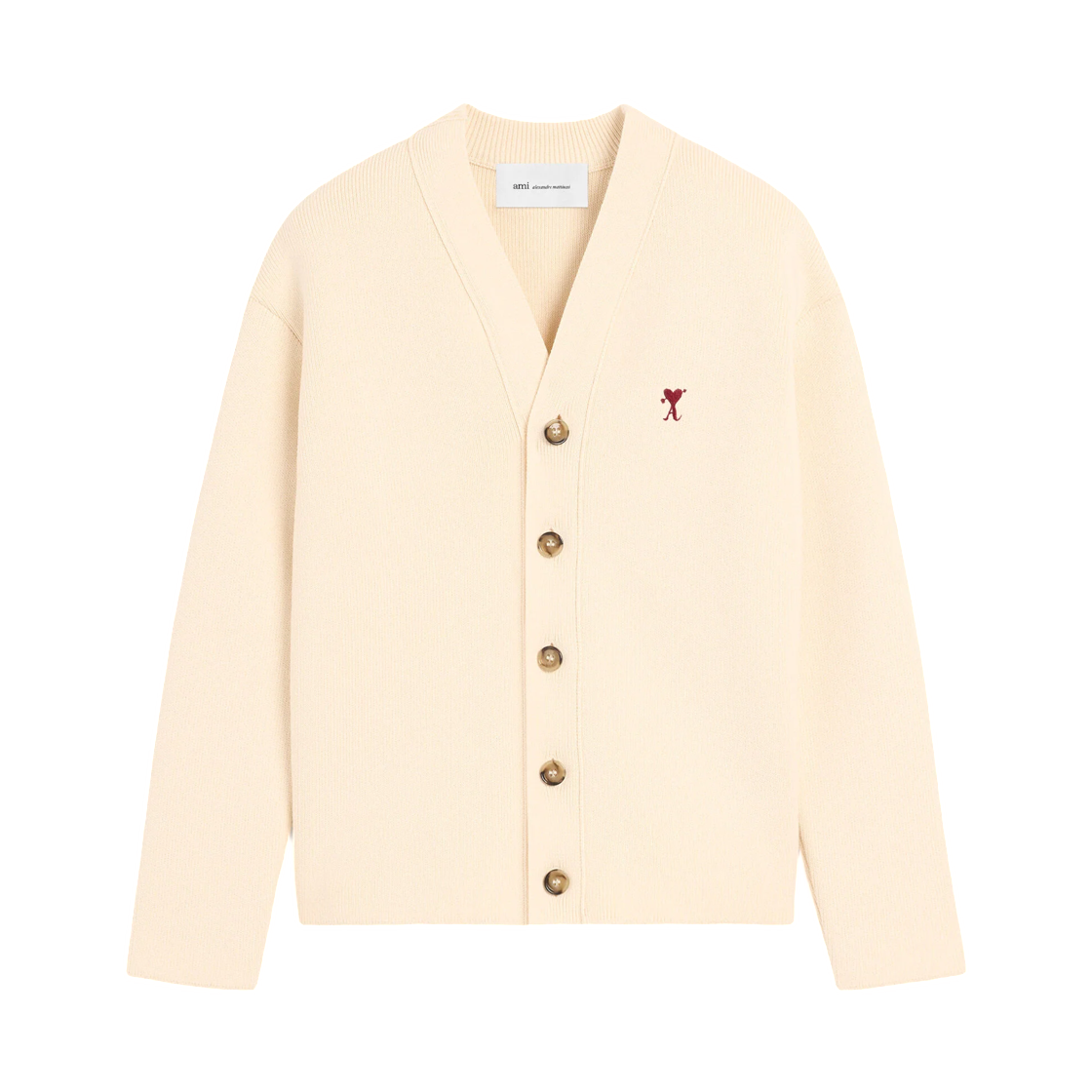FKC392-KN0188-150 (W) AMI White Cotton and Wool Cardigan with Ami De Coeur Arrow Off White