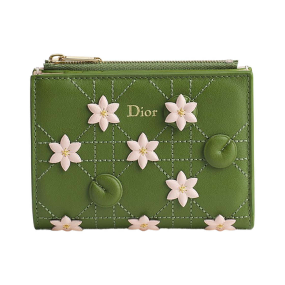 S3252OGYZ-M16I Dior Jardin Dahlia Wallet Dior Waterlily Embroidered Cannage Lambskin Green Ballet Pink