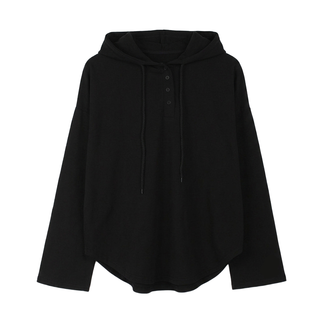 GW3505-블랙 GCLIP Loose-Fit String Button Hooded Long-Sleeve T-Shirt Black