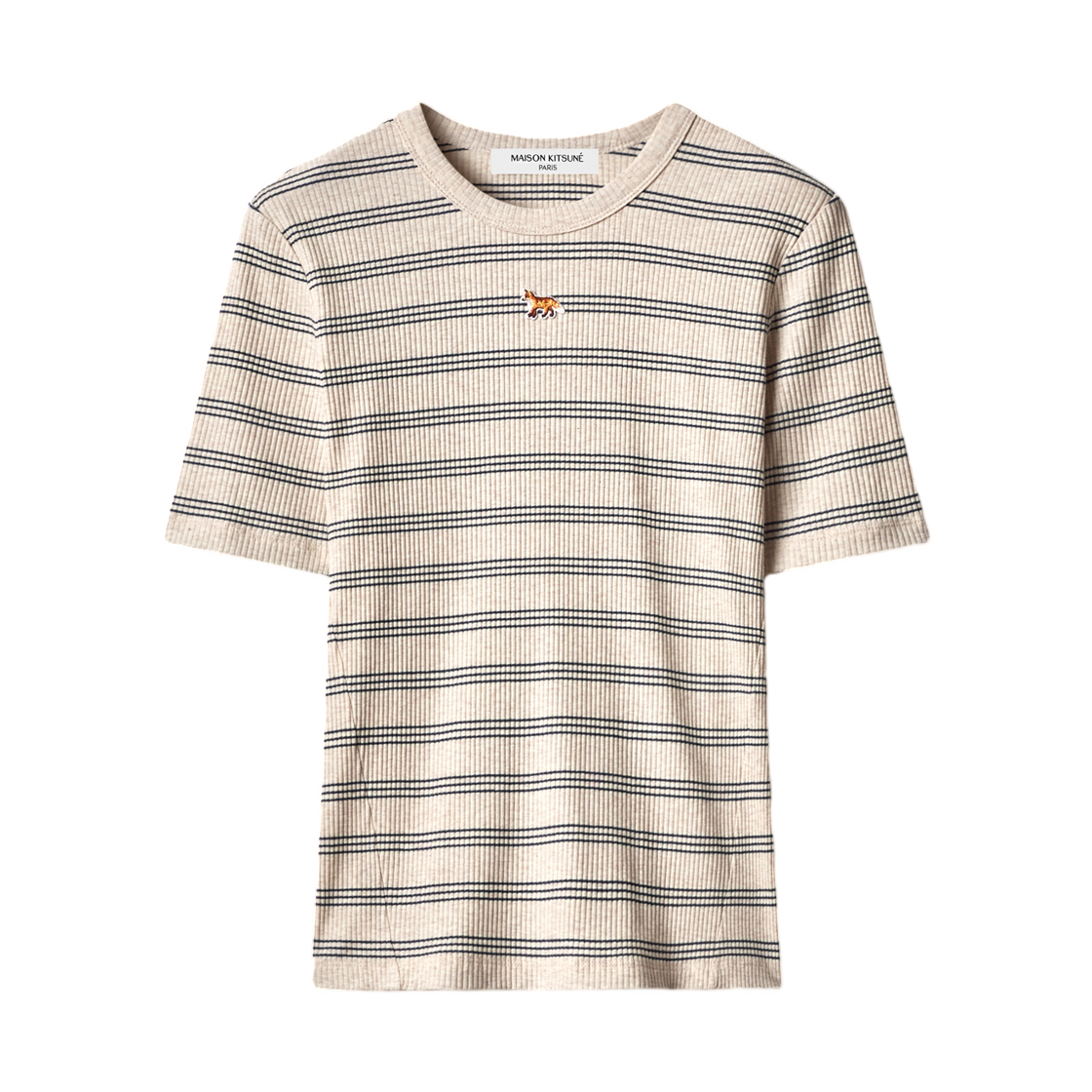 MRWJT05KA0054-0602 (W) Maison Kitsune Baby Fox Striped Fitted T-Shirt Light Beige Melange Ocean Navy