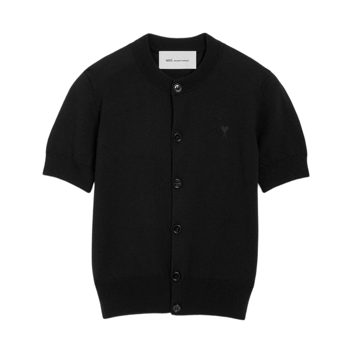 FKC401-KN0197-0180 (W) AMI Black Wool Short Sleeve Cardigan with Ami De Coeur Black
