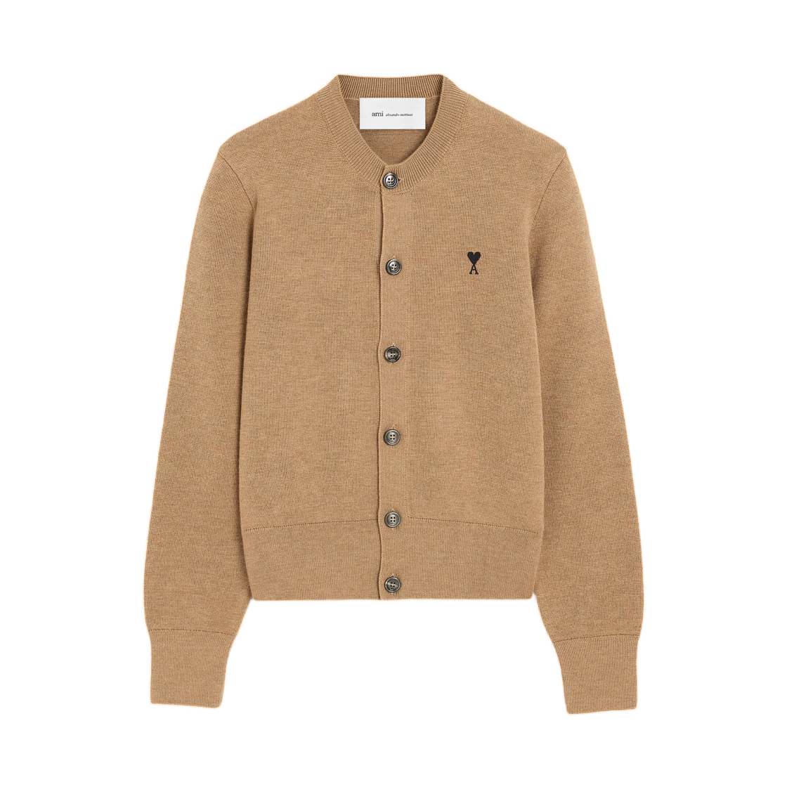 FKC361-001-A335 (W) AMI Beige Crewneck Wool Cardigan with Ami De Coeur Camel Chine Black
