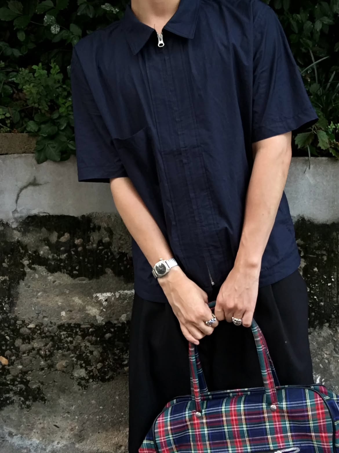 CHOWOO Field Panel Paper Half Shacket Navy 착용 스타일 - 6