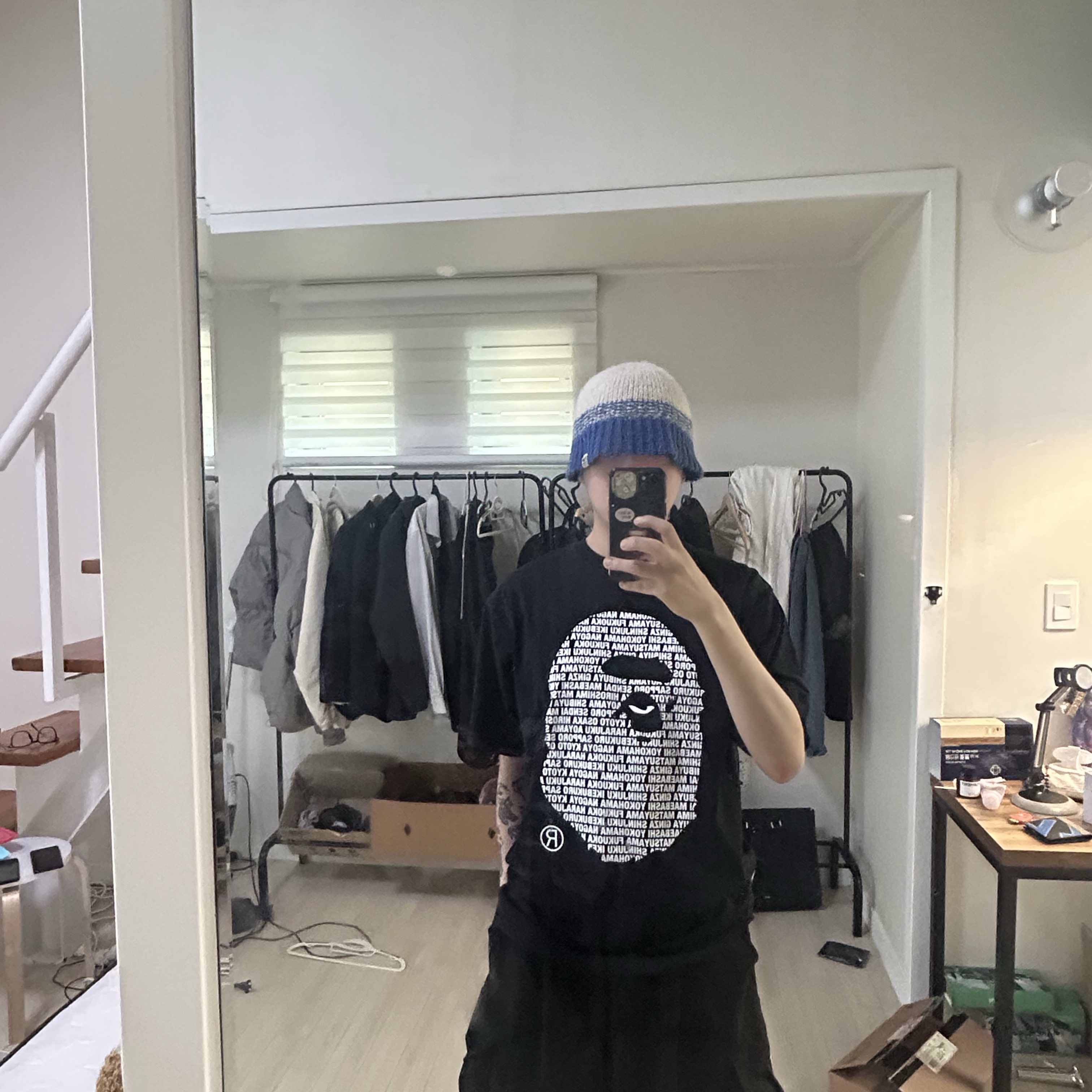 BAPE Japan Ape Head T-Shirt Black 착용 스타일 - 1