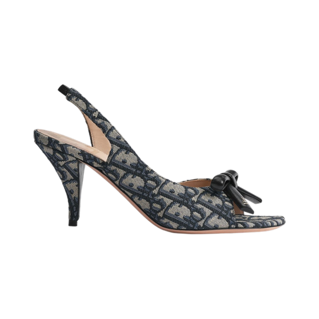 KDO634OLF-S10B (W) Dior Bow Heeled Slingback Sandal Dior Oblique Embroidered Cotton Deep Blue