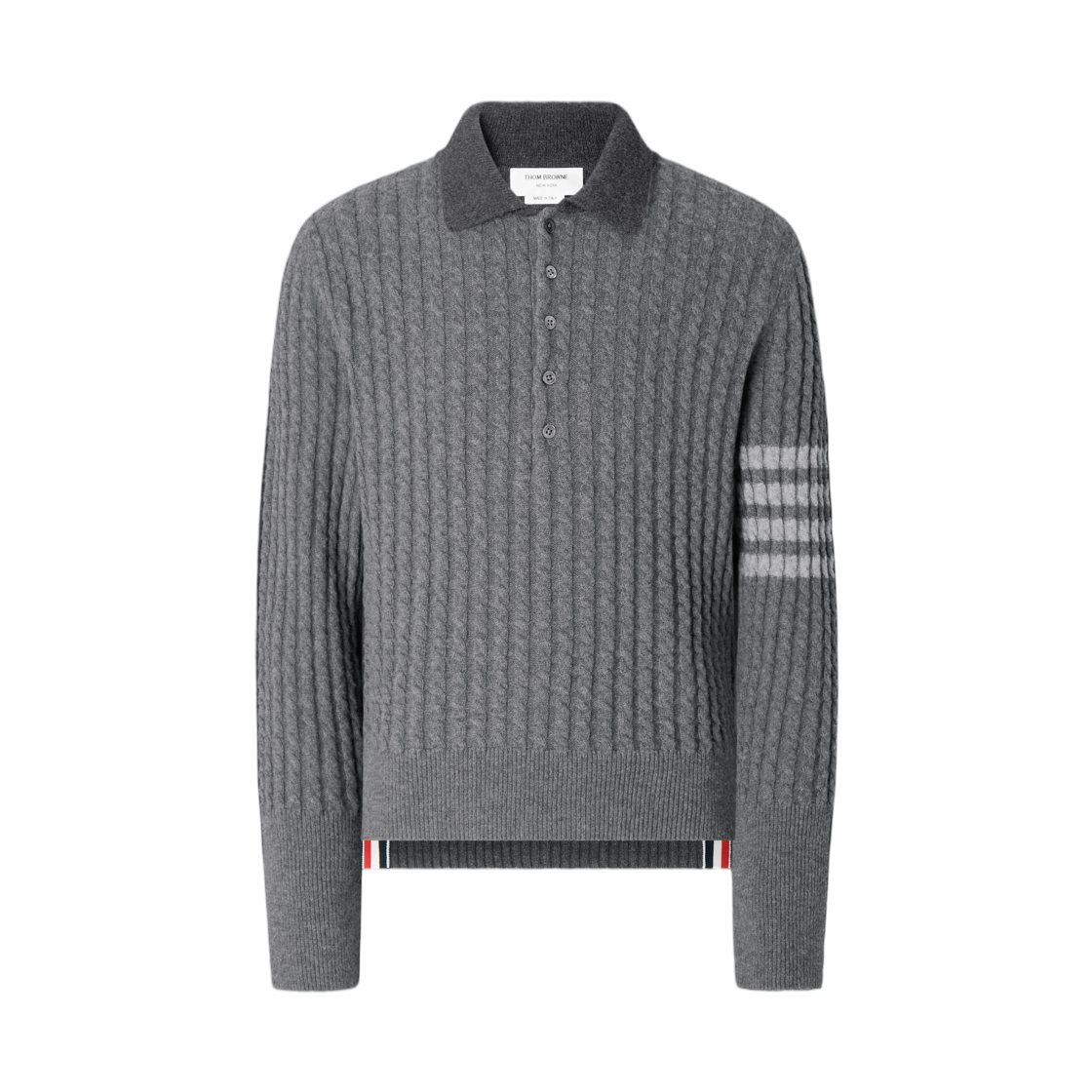 MKP166A-Y1018-982 Thom Browne Baby Cable Stitch 4-Bar Long Sleeve Polo Tonal Grey