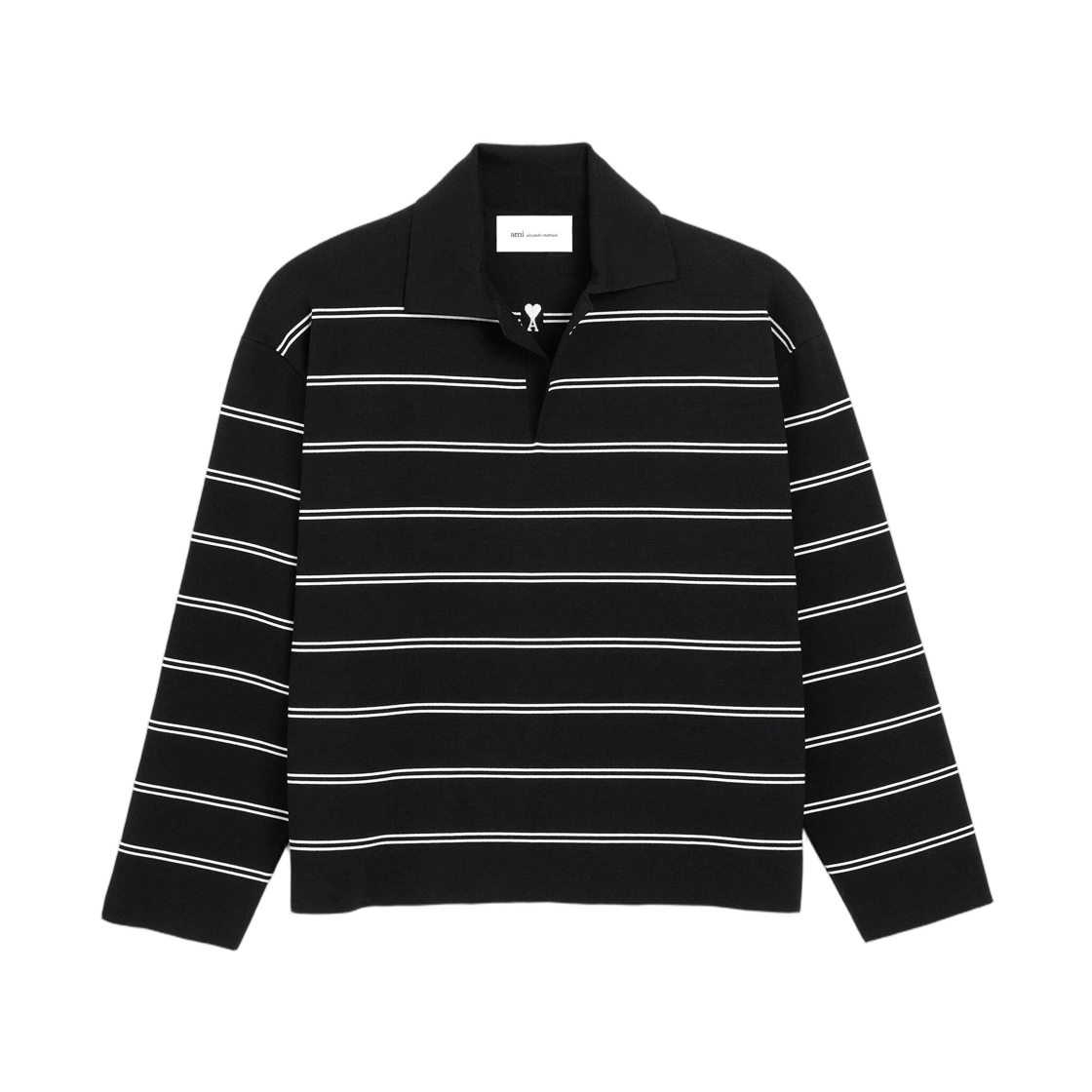 UPL459-KN0194-004 AMI Black Striped Cotton Polo with Ami Patch Black White