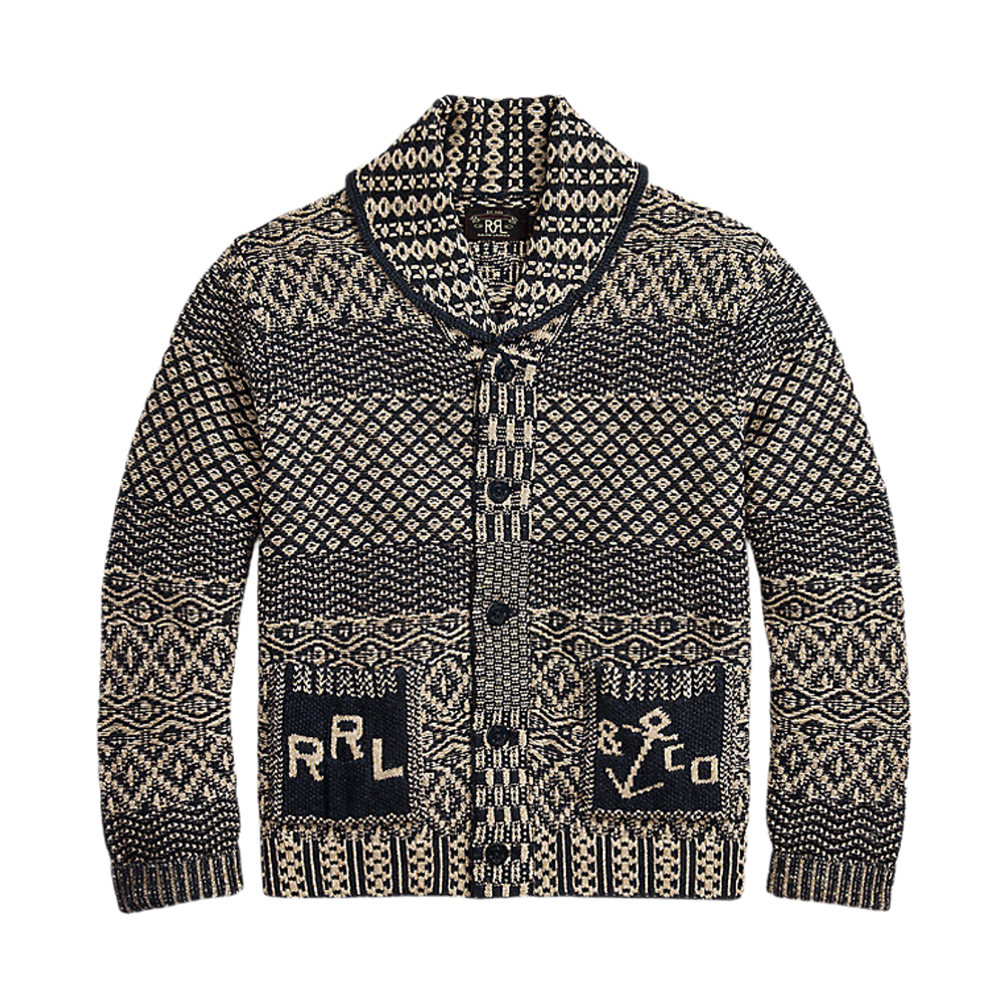 더블알엘 코튼 블렌드 숄 가디건 네이비 크림(Double RL Cotton Blend Shall Cardigan Navy Cream)