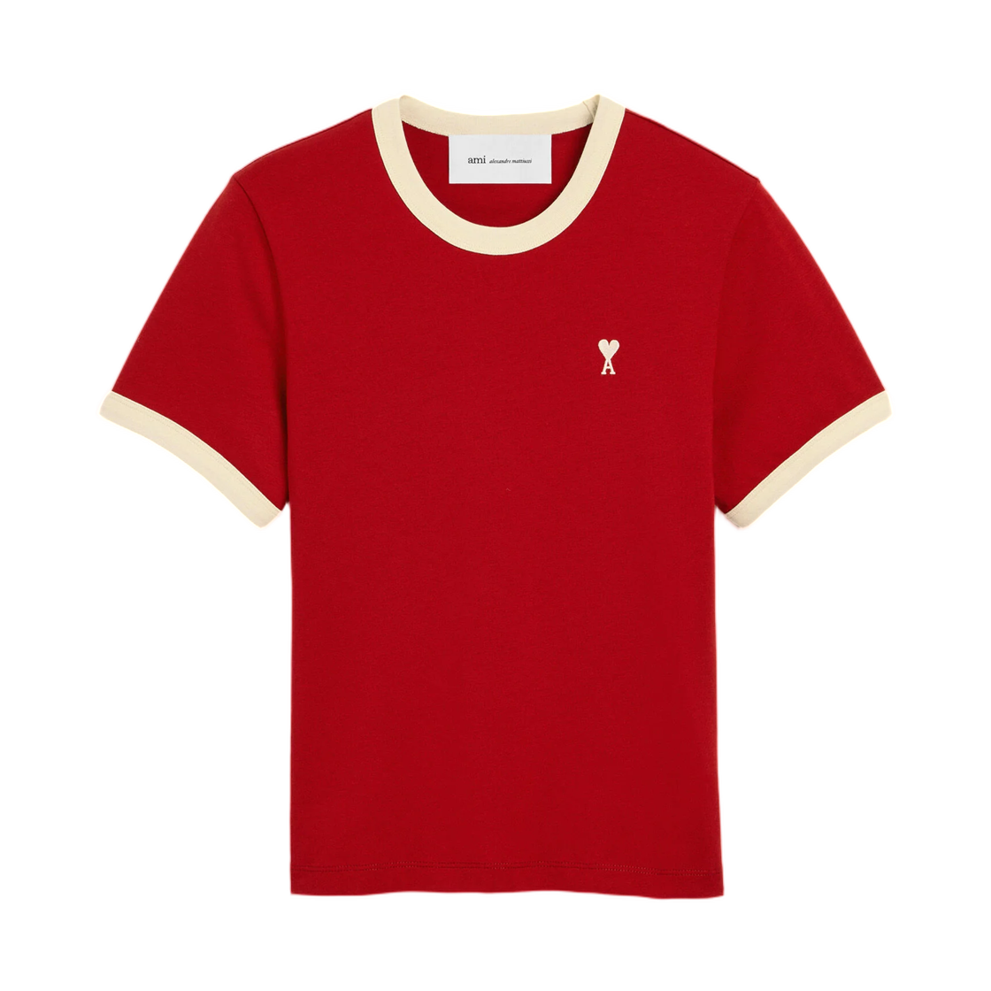 FTS413-JE0246-A202 (W) AMI Red Contrasted Cotton T-Shirt with Ami De Coeur Ruby Red Ivory