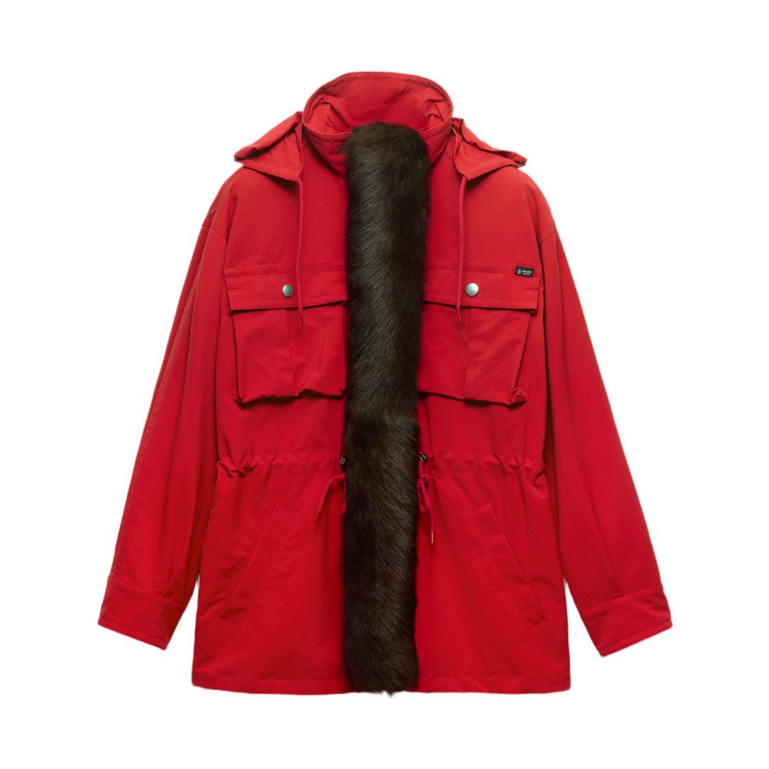 292427-199Y-F0011 (W) Prada Technical Fabric Parka with Shearling Trim Red