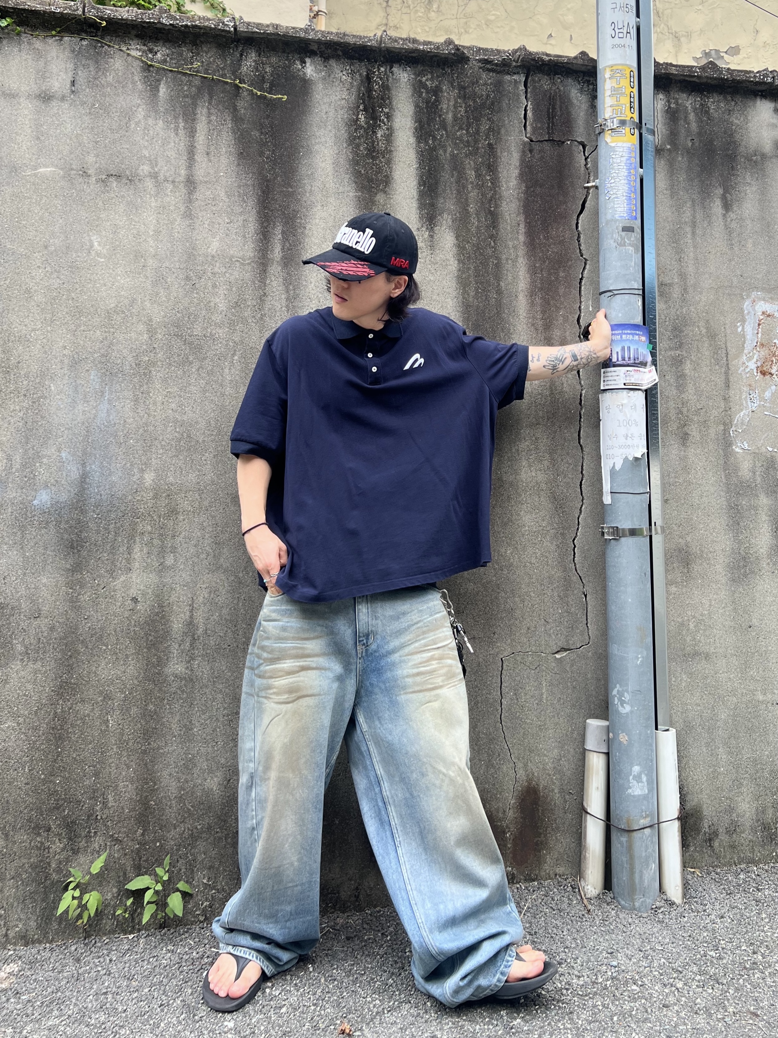 MJD Oversized Polo Navy, ETCE Maranello Skid Mark Vintage Cap Black 착용 스타일 - 6