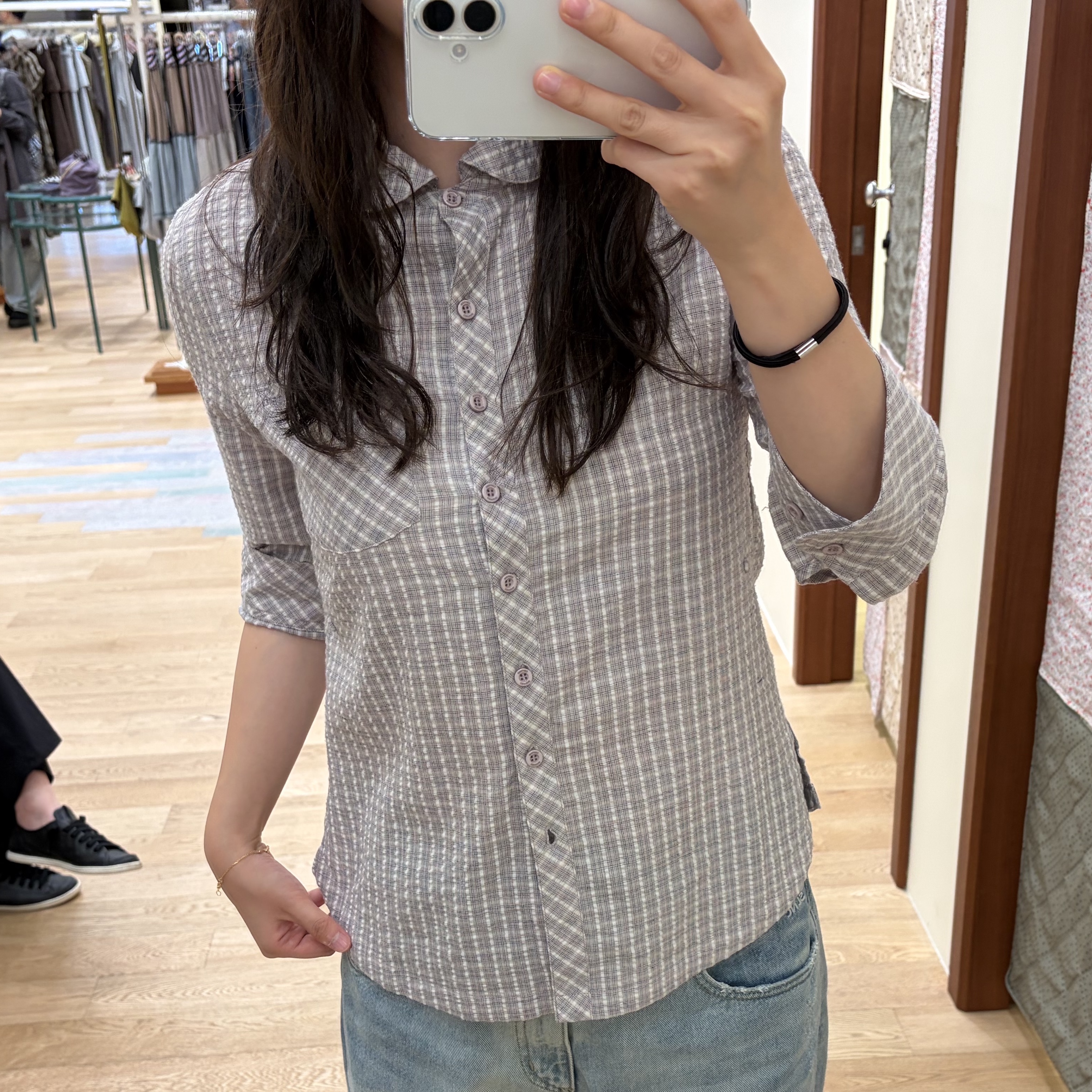 COYSEIO Round Collar Capri Shirt Ash Pink 착용 스타일