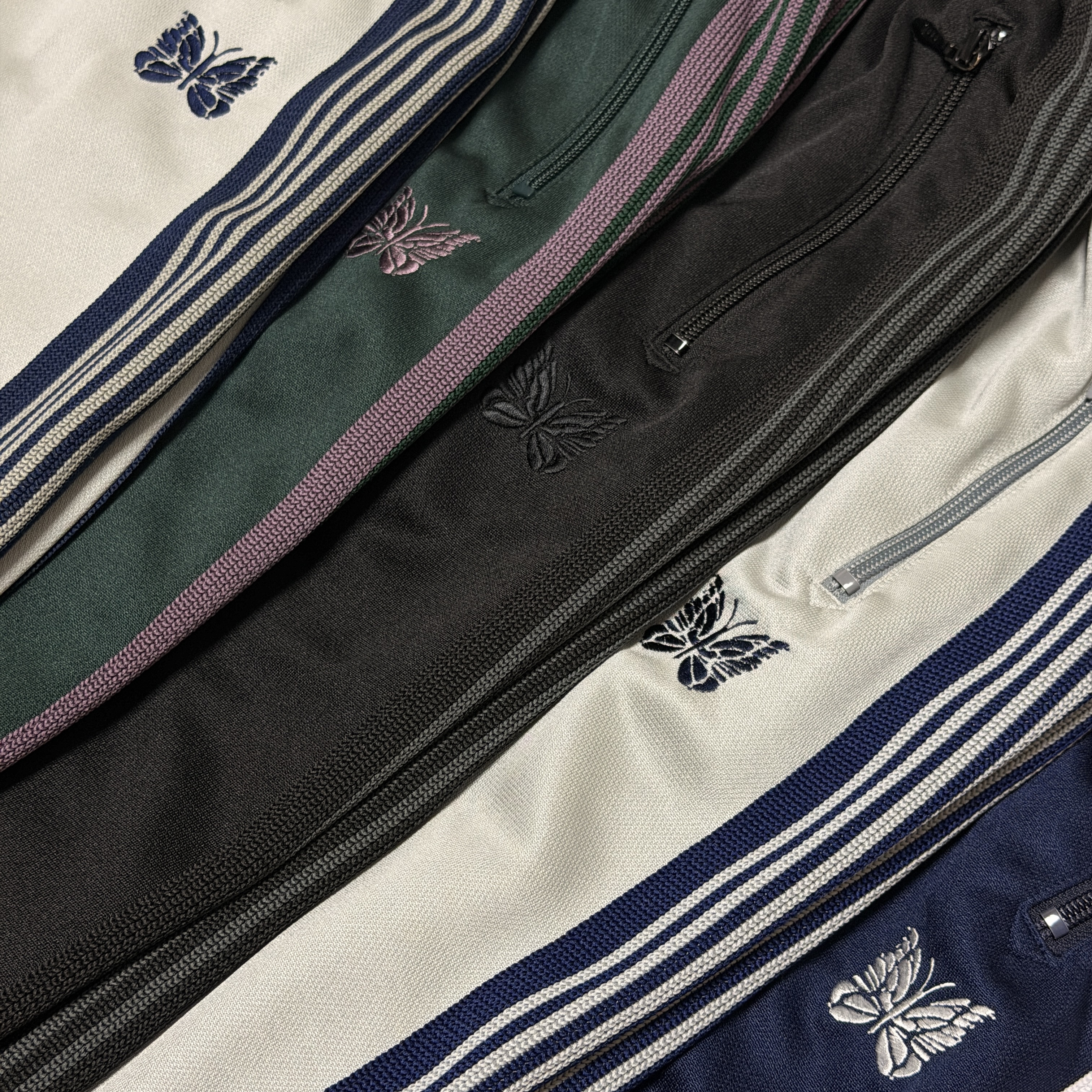 Needles x Freak's Store H.D. Track Pants Poly Smooth Navy White, Needles x Studious Custom H.D. Poly Smooth Track Pants Grey 착용 스타일