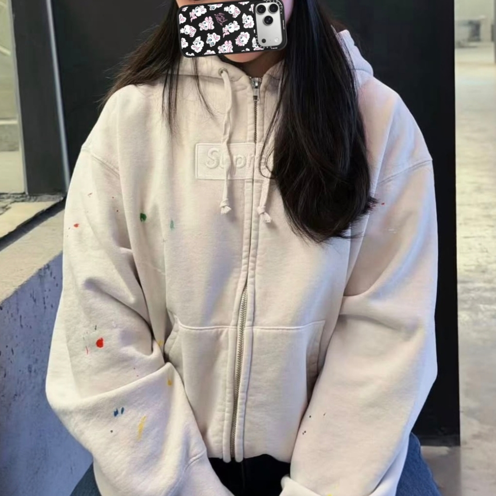 Supreme x MM6 Maison Margiela Box Logo Zip Up Hooded Sweatshirt White - 26SS 착용 스타일