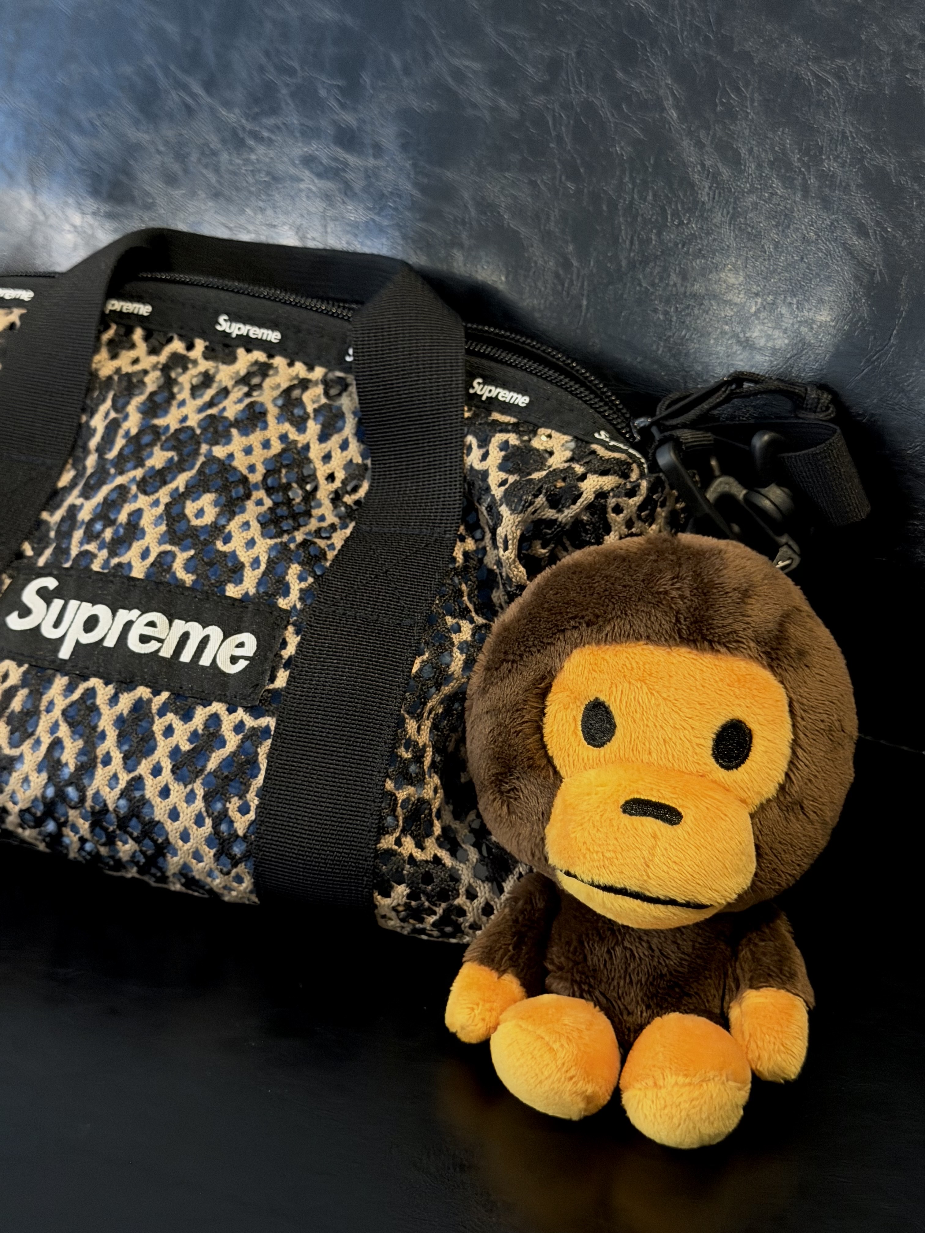 BAPE Baby Milo Plush Doll Keychain Brown, Supreme Mesh Mini Duffle Bag Leopard - 23SS 착용 스타일