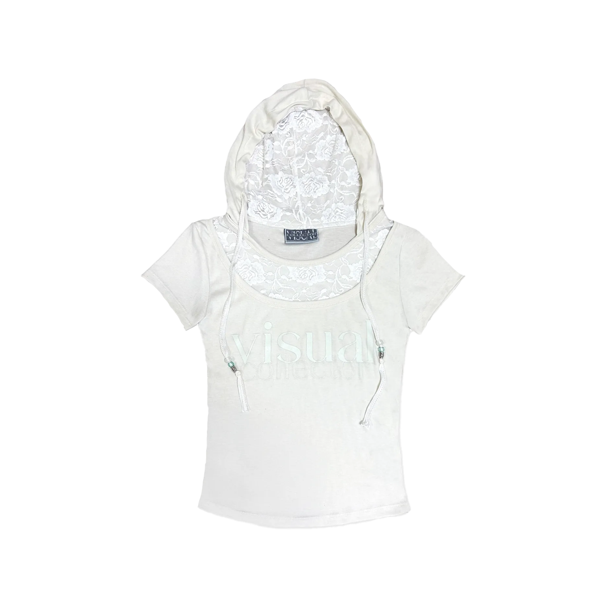 비주얼 컬렉터 로즈 레이스 비즈 후드 티 - 화이트(VISUAL COLLECTOR Rose Lace Bead Hood Tee - White) - 1