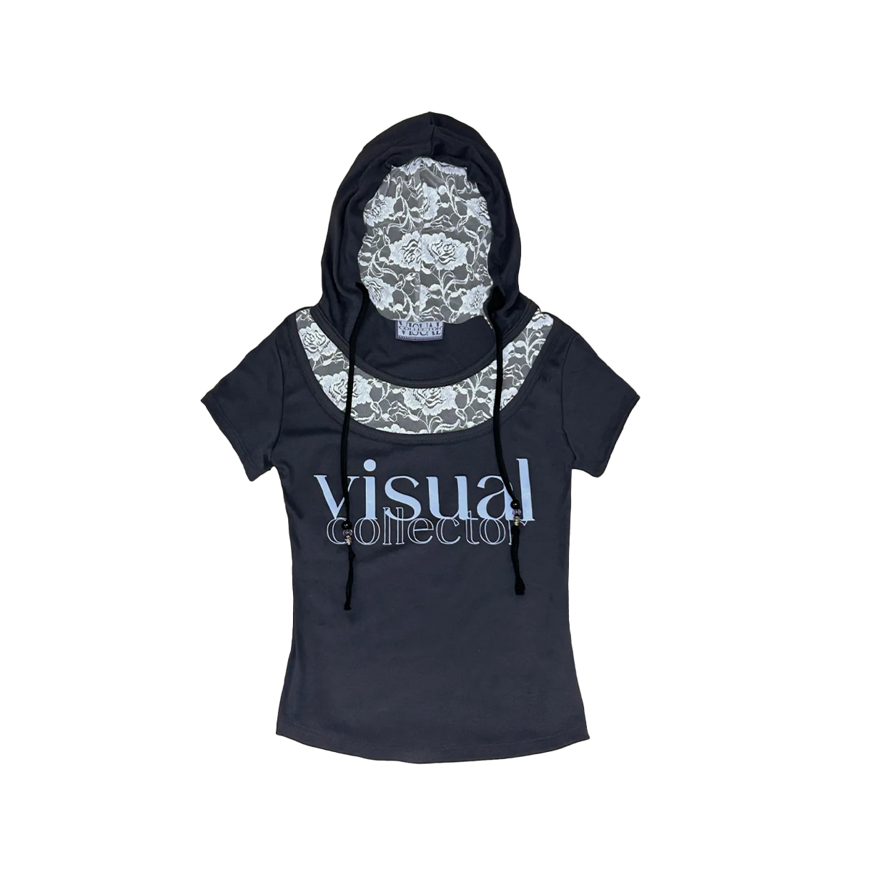 비주얼 컬렉터 로즈 레이스 비즈 후드 티 - 차콜(VISUAL COLLECTOR Rose Lace Bead Hood Tee - Charcoal)