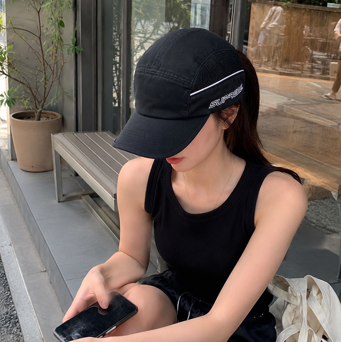 Supreme Side Mesh Piping Camp Cap Black - 26SS 착용 스타일
